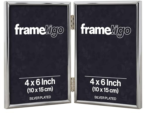 Frametigo - Silver Plated Thin Edge Double Photo Frame, 4x6 (10x15cm) Photo Size - Portrait Orientation - Modern & Sleek Design - Traditional Silver Picture Frames - Tarnish Resistant