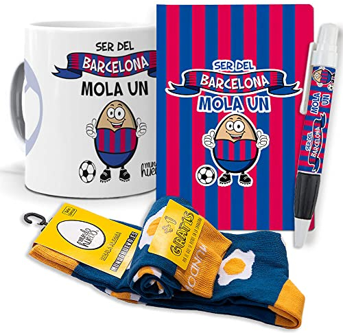 mundohuevo Super Regalo Personalizado y Divertido. Ser del Barcelona Mola un Huevo. Taza, libreta, boli y Trio de Calcetines