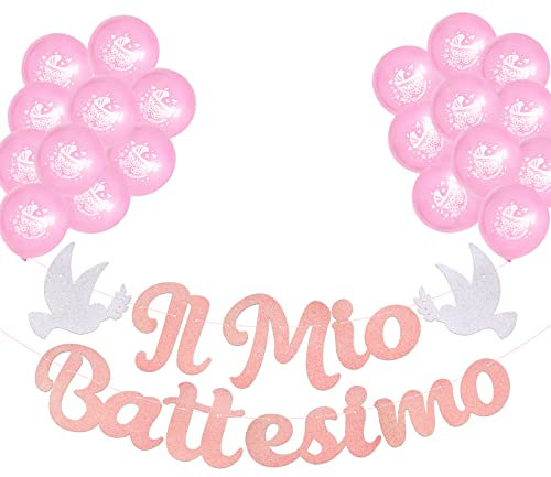 20pz Palloncini Battesimo Rosa Festone Striscione Scritta Il Mio Battesimo Decorazione Addobbi per Festa Battesimo Bimba Femmina Nascita Baby Shower