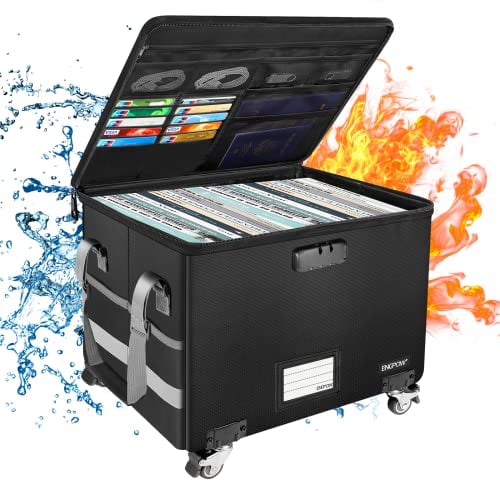 ENGPOW Feuerfeste Dokumentenbox Dokumententasche A4 Aktenaufbewahrungsbox mit Zahlenschloss&Räder 39.5x31x25.5cm Zusammenklappbare Aufbewahrungsbox mit Deckel,Heim,Büro Akten-Organizer für Dokumente