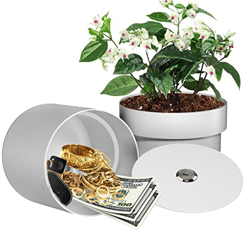 Iron Flower Pot Hidden Safe, Secret Safe Compartment Lock Box Hideaway Storage Money, Keys and Other Valuables, Waterproof, Corrosion (White)