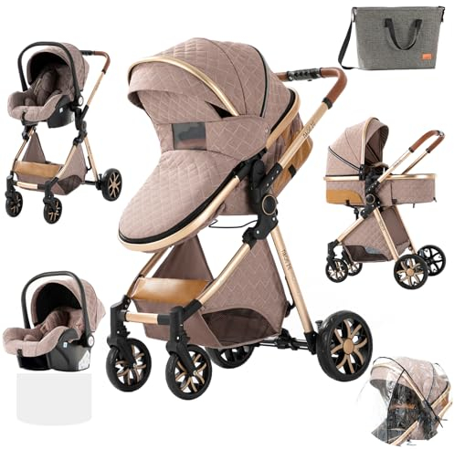 Prokoke Kinderwagen 3 in 1, Kinderwagen Set Einem Klick Faltbar, Kombikinderwagen 3 in 1 mit Umkehrbarem Zwei-Wege-Schub, Buggy Rahmen Aluminiumlegierung Baby Kleinkind Neugeborene (225 Khaki)