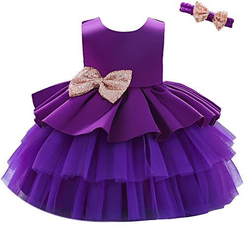 Lito Angels Vestito Damigella Abito da Festa Cerimonia Elegante con Fascia per Bimba Bambina Taglia 9-12 Mesi, Viola