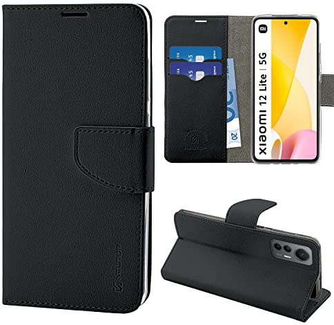 N NEWTOP Cover Compatibile con Xiaomi 12 Lite, HQ Lateral Custodia Libro Flip Chiusura Magnetica Portafoglio Simil Pelle Stand (Black)