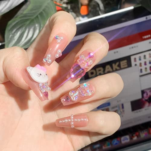 Maggidea Cute False Nails, Acrylic Stick on Nails, 24pcs Pink Kitty and Bear Press On Nails with Glue Long Coffin Shaped Elegant French Ballet Animal Design Fake Nails for Women Girls
