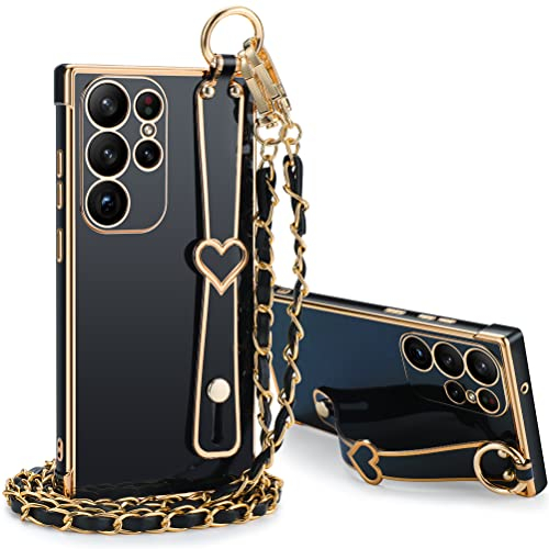 Mkej Frauen Handykette Samsung Galaxy S23 Ultra Hülle mit Verstellbarem Fingerhalter Ständer, Handyhülle mit Kette Abnehmbarem für Samsung S23 Ultra Herz Love Design Galvanik Hülle-Schwarzes Gold