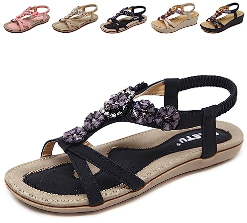 QJJQ Sandales Plates d'été Femme Confortable Chaussures Bohême Strass Bout Ouvert Flip Flop Basse Léger Pantoufles Chaussures Mules Tongs Elégant, Noir, 37 EU