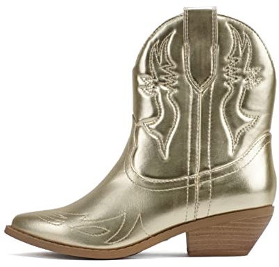 Soda Women Cowgirl Cowboy Western Stitched Ankle Boots Pointed Toe Short Booties Rigging-S, Lt-gold Metallic, 6 UK
