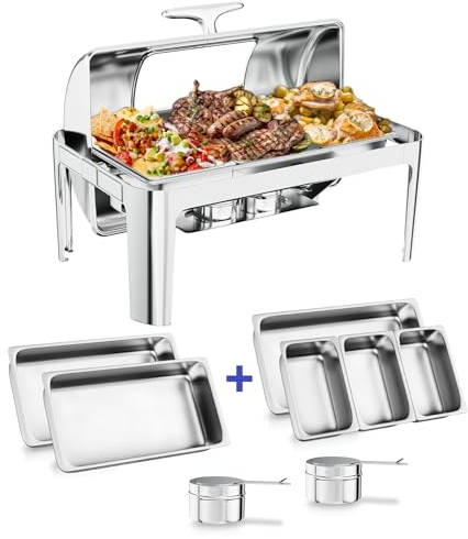 Halamine Visible Chafing Dish Buffet Set, 1 Full Size & 3 1/3 Size Food Pans, 9QT Rectangular Roll Top Chafing Dish Buffet Set for Wedding, Birthday, Catering Events, Thanksgiving New Year Party