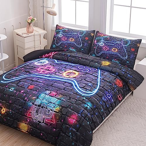 NINENINE Gaming Bedding Sets for Boys 5PCS Queen Size Comforter Bed in A Bag Kids Teens Black Bedding Comforter Sheet Set(1Comforter, 1Flat Sheet, 1Fitted Sheet, 2Pillowcases)