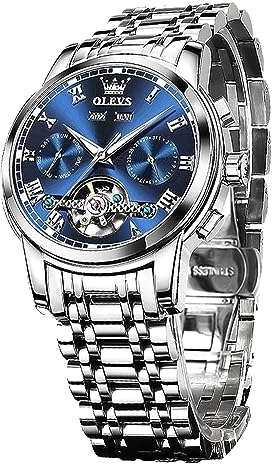 OLEVS Selbstaufziehende Uhren für Männer Automatische Mechanische Kleid Tourbillon Edelstahl Dual Kalender Wasserdicht Leuchtende Armbanduhr, silber, blau, Modern