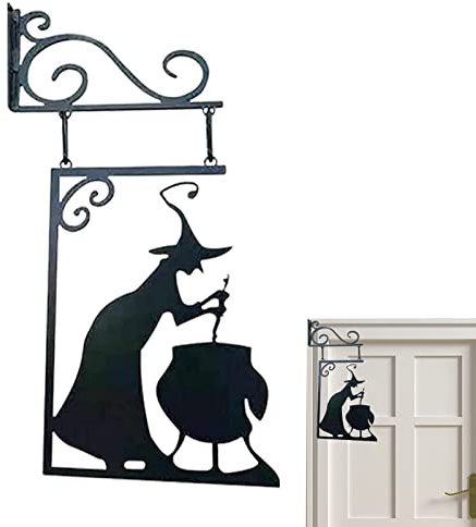 Jomewory Hexe Silhouette Hofschild, Schwarze Hexe zum Aufhängen, Wanddekoration, Hexenkessel Eisen Hängende Ornamente für Home Par, Outdoor Indoor, 40x23cm