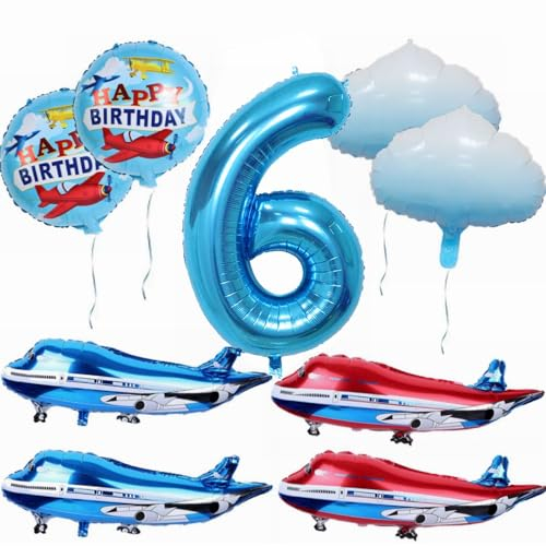 Yunchu Online 6. Flugzeug Geburtstag Dekoration - Großer Blauer Und Roter Ballon, Cloud Folienballons, Party Set für Jungen Und Mädchen