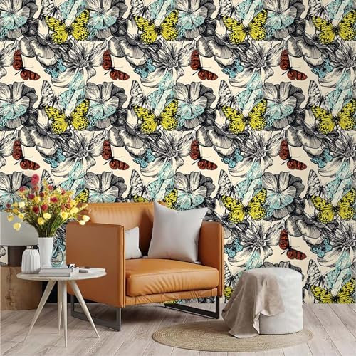 Wallpaper Grey Yellow Butterfly Peel and Stick Wallpaper Removable Wallpaper for Bedroom Bathroom Kitchen Living Room Decor Vinyl Stick on Wallpaper Self Adhesive Wallpaper 2P (45x600cm)