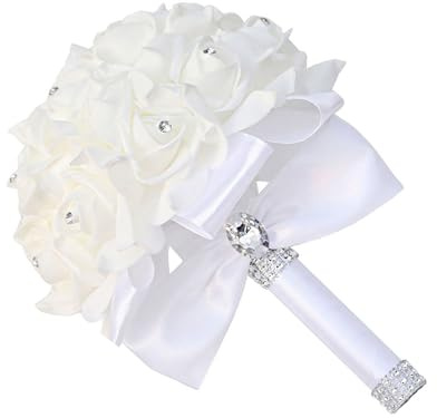 KOCNYDEY Bouquet da sposa per sposa, bianco, bouquet da sposa per damigella d'onore, con fiori per decorazione di nozze (bianco)