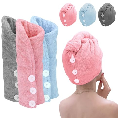 Xkzhrr Set de 3 Serviettes en Microfibre avec Boutons - séchage Rapide - pour sécher Les Cheveux (Gris, Rose et Bleu Clair) Serviette à boucler