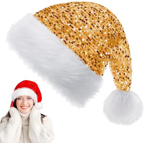 YAAVAAW 30 * 45cm Gorro Navidad Adulto Niños Dorado Lentejuela,Pompón Sombrero de Navidad Unisex Felpa,Gorros Navideños Terciopelo Accesorios Decoración Navideños para Fiestas Regalos de Festividad