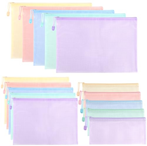 Mutsitaz 15 Stück Dokumententasche mit Reißverschluss A4+A5+A6, Wasserdichter Dokumentenbeutel für Dokumente, Quittung, Papier, Schule, Prüfungsblatt, Kosmetik, Reise, 5 Farben