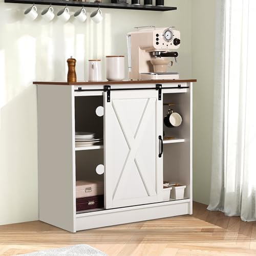 COSYSUPER Weißer Kaffeebarschrank mit Stauraum, Bauernhaus-Kaffeebarschrank, Kaffeebartisch mit Schiebetür, Kaffeebar & verstellbaren Regalen, für Küche, Esszimmer, Wohnzimmer