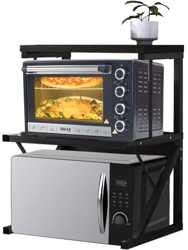 Shally Dogan Scaffalatura Salvaspazio Porta Microonde in Acciaio, Scaffale da Cucina con Ripiano Portaspezie, Unità di Mensole 2 Scomparti Piedini Antiscivolo, Mensola Design Moderno (Nero + Nero)