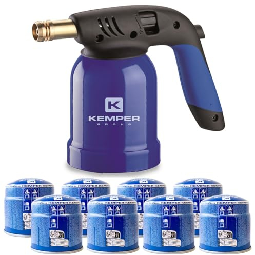 KEMPER - Lampada a saldare guscio in acciaio piezo + 8 cartucce gas 190 g con sicurezza stop gas