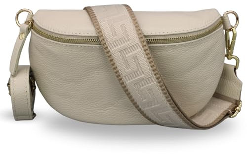 ADEL Bauchtasche Damen Echtleder Emma Gold Handgemachte Umhängetasche Crossbody Bag mit Optionalen Breiten Gemusterten Riemen Stylische Hüfttasche Made in Italy (Beige-Gold 2, Medium)