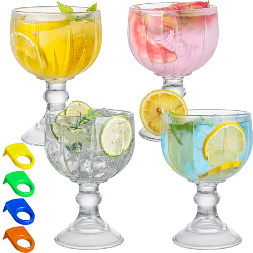 Claplante Schooner Biergläser, extra großes Margarita-Glas, 609 ml, 4 Stück, mit 4 farbigen Clips, Garnelen-Cocktailgläser, Kelch, große Stielgläser mit dickem Boden, kristallklare Bargläser