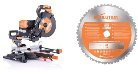 Evolution Power Tools R255SMS-DB+ Scie à onglets coulissante multi-matériaux à double biseau, 255 mm & Lame rage tct 255 mm, Carbure de tungstène, Orange, 25,5 x 2,5 cm