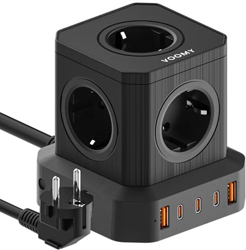 VOOMY Regletas Enchufes con USB 100W, Regleta con USB-C rapido, Ladron Enchufes 3 USB-C, 2 USB-A y 5 tomas, Alargador Enchufe con interruptor y protección contra sobretensiones, Enchufe Multiple 4000W