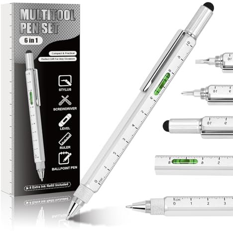 Cadeaux pour hommes, stylo multifonction 6 en 1, outils de gadgets cool pour hommes, cadeaux d'anniversaire pour hommes, mari, grand-père, ingénieur, bricoleur (argent)