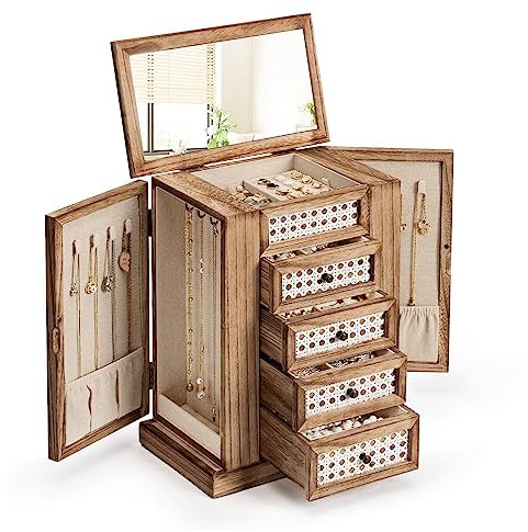 Emfogoo Joyeros Mujer Organizador, Joyero Madera Grande de 5 Niveles con 4 Cajones y Espejo, Acabado con Ratán Blanco, Puede Contener Anillos, Pendientes, Collares y Pulseras (Marrón Vintage)