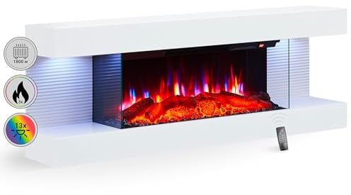 Elektrokamin BALDERIA Lumina, Elektrischer Wandkamin mit 3D-Flammeneffekt, Elektro Heizung 1000/2000W, LED-Beleuchtung, Kamin mit Fernbedienung, Timer, Thermostat - Weiß