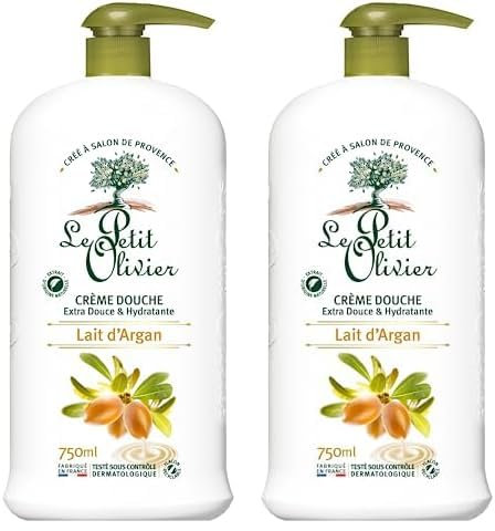 LE PETIT OLIVIER - Crème Douche Extra Douce & Hydratante - Lait D'Argan - Pour Toute La Famille - PH Neutre Pour La Peau - Sans Savon, Sans Colorant - Fabriqué En France - 750 ml (Lot de 2)