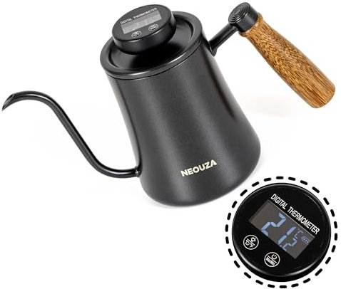 NEOUZA Pour Over Coffee Goose-Neck Kettle, 600ml, with High-Precision Thermometer | 304 Stainless Steel | Ergonomic Wooden Handle | Versatile Heating Options | Easy to Clean (Electronic)