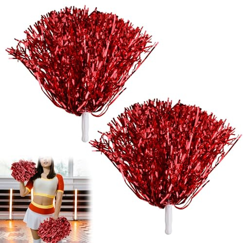 Cheerleader Pom Poms, 2 Stück Rot Pom Poms aus Metallfolie, Pompons, Handblumen für Sportveranstaltungen, Tanz und Nachtpartys, Robust und Lebhaft