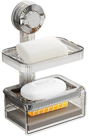 VirtuGro Double Layer Suction Soap Dishes, Bar Soap Holder Suction Cup Wall Mounted, Double Layer Soap Dish for Shower, Bathroom, Kitchen, Tub, Plastic Soap Holder, Removable & Waterproof