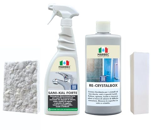 MARBEC KIT CRISTALLO DOCCIA Kit completo per la pulizia e la rimozione di calcare dai cristalli del box doccia. Ideale per ripristinare la lucentezza dei vetri lucidi.