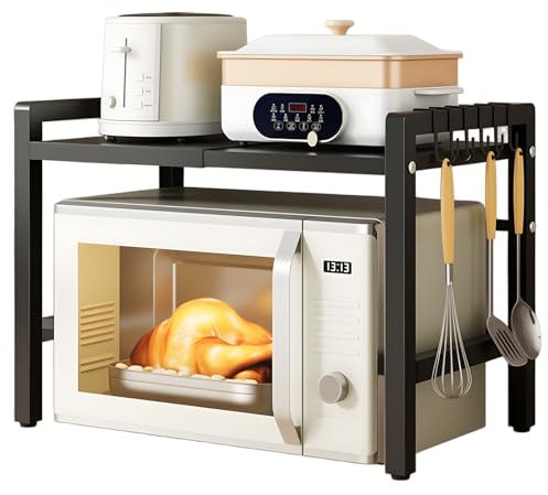 Tel Charme * Expandable Microwave Shelf Stand with 6 Hooks, 2 Tier Microwave oven Rack, Countertop Microwave Stand Storage Holder Kitchen Corner Shelf
