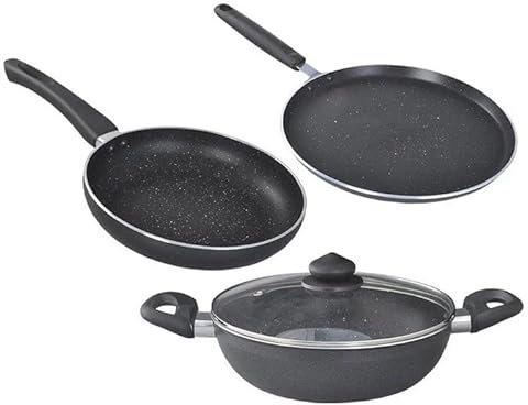 BRACOP® Nonstick Cookware Set Of 3 Pcs Kadhai, Frying Pan, Tawa Indian Saucepan Professional Cooking Deep Kadai Kitchen Accessories Frypan Kadhai For Roasting Pickling Deep Frying And Sauting