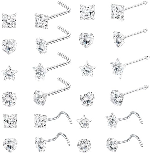 12 Stück Nasenpiercing Chirurgenstahl Damen Herren, nose pin zirconia diameter 3 mm, Nasenpiercing Ring Silber Nasenpiercing Stecker Septum Ringe Nose Nostril Piercing Nasenstecker Nasenring Piercing