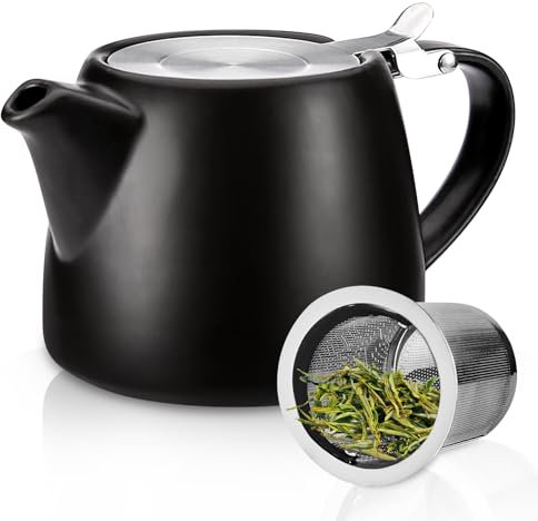 PORFOYO Teekanne mit Siebeinsatz, 500ML Teekanne Keramik mit Herausnehmbarem Edelstahl-Teesieb, Teapot Ceramic, Edelstahl Feinmaschiger Infuser Teekannes Porzellan für Längeren Teegenuss (Schwarz)