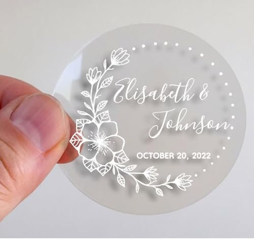 Transparente Aufkleber, personalisierbares Blumendesign, 4 cm Durchmesser, für Hochzeit, Veranstaltung, Geschenk, individueller Name und Datum, klare Aufkleber für Einladungen, Dekorationen und