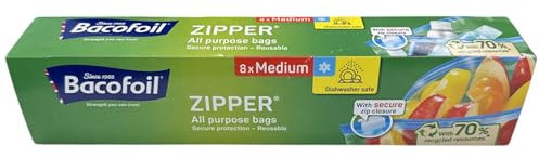 Bacofoil Zipper All Purpose Bags | 8 x Medium Bags (27 x 24cm) | Secure Protection | Reusable | Dishwasher Safe