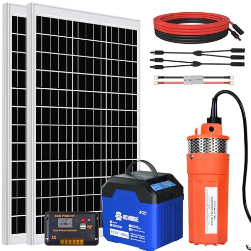 DCHOUSE Set di pompe solari per fontana con batteria di backup, 12 V, pompa dell'acqua solare + 2 pannelli solari da 120 W, batteria Bluetooth da 100 Ah, controller da 20 A, per fontane, irrigazione