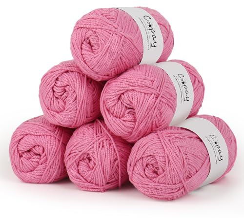 Coopay Wolle zum Häkeln, 100% Baumwolle zum Stricken, 6 x 50g Weiches Häkelgarn Baumwolle zum Häkeln, Babywolle Baumwollgarn für Pullover, Socken, Babydecke - Mittelrosa