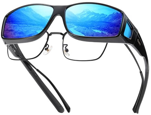DUCO Herren und Damen Fit Over Sonnenbrille Polarisiert Unisex Brille UV400 Schutz Wrap Around Blendschutz Überbrille für Brillenträger Kleine Größe (Größe:XL Schwarz Rahmen Revo Blau Linse)