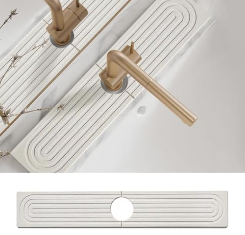 AOWVUTS 60*10cm Tappetino per Rubinetto Del Lavello Della Cucina e Bagno di Diatomee ad Asciugatura Rapida Paraspruzzi Vassoio per Lavandino in Pietra Super Assorbente Accumulo per Bancone (Bianco)