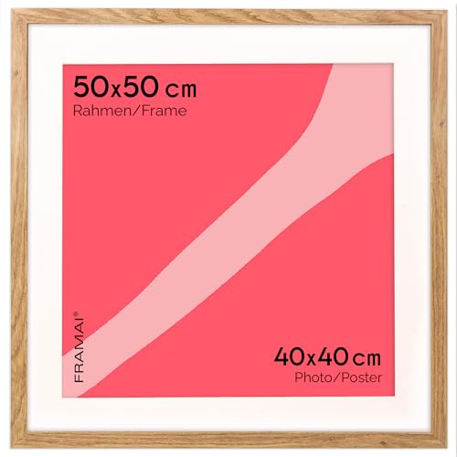 FRAMAI® Bilderrahmen 50x50 cm in Eichenfarbe – mit Passepartout – MDF Holzrahmen, bruchsicheres Plexi, umweltfreundlich, mit Aufhängung & Ständer – Hochformat & Querformat