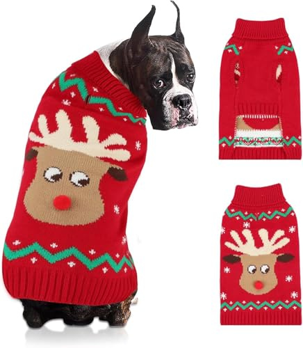 HYLYUN Hundepullover Weihnachten, Hundekleidung, Weihnachtskostüm Hund, 3XL | Leinenöffnung für Spaziergänge, Rentier- & Schneeflockenmotiv, Rollkragen, Warme Haustier Pullover, Maschine kalt gewaschen