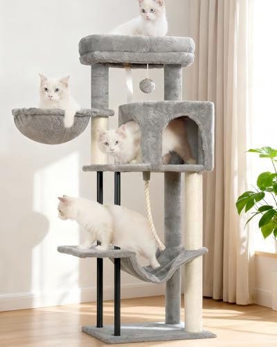 Gitelsnour Kratzbaum, Katzenbaum für Innenbereich, 110 cm Katzenkratzbaum mit Stabile Metallrohre, Katzenhängematte, Katzenhaus für kleine Katzen und Kätzchen, Hellgrau GCT004SW
